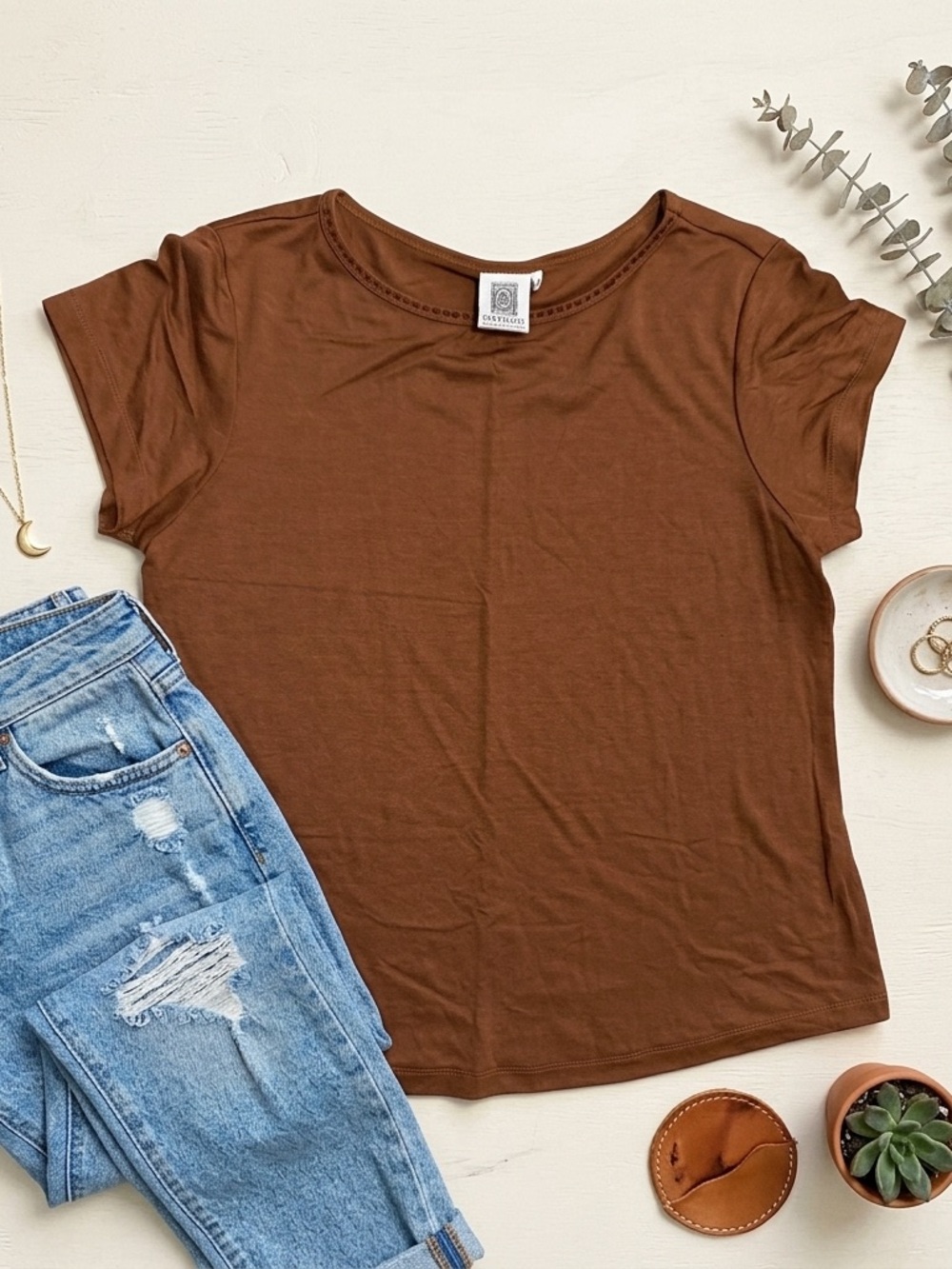 Usindo Cap Sleeve Scoop Neck Knit Top Brown / Terracotta Boho Minimalist Size M